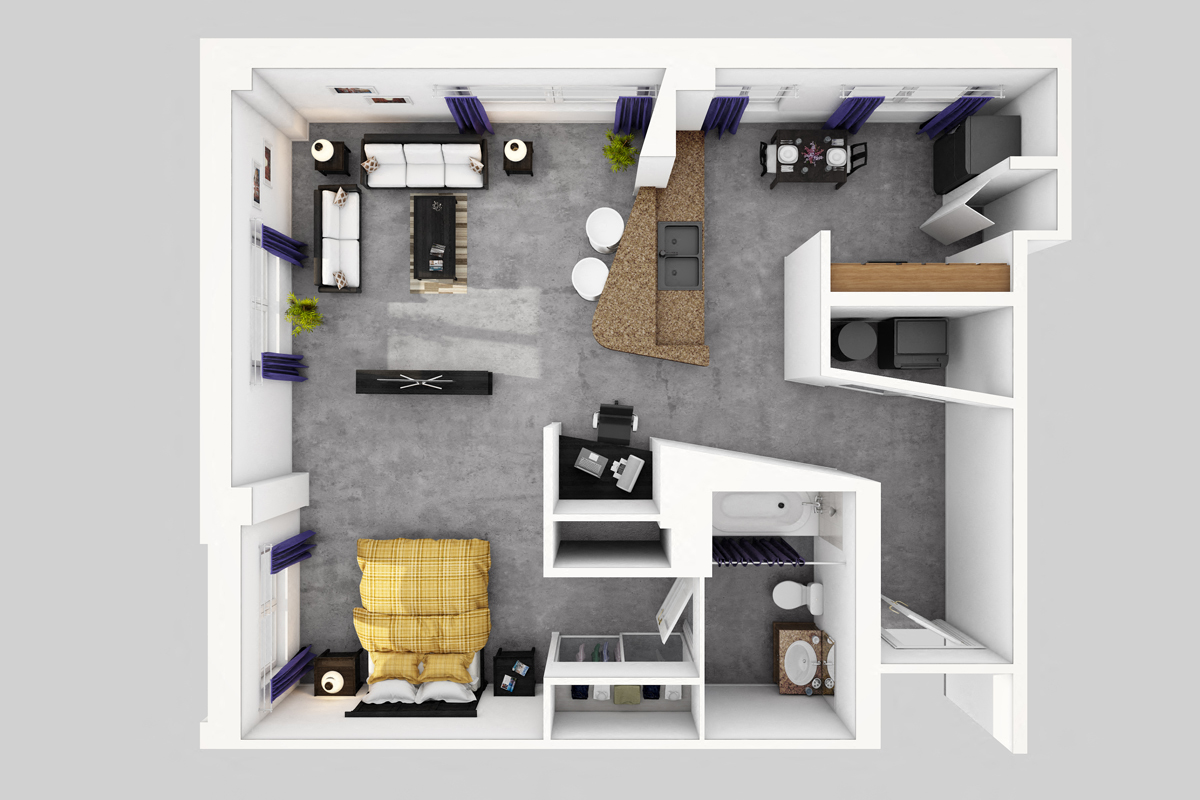 Floor plan for studio, 1 bath, 640 sqft